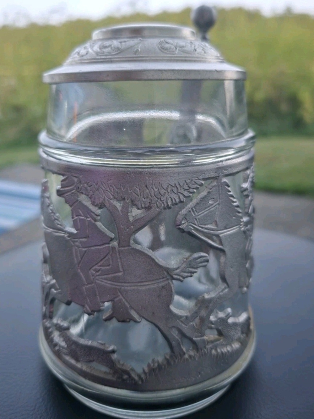 Rare Vintage German Beer Stein Pewter Lid Deer & Hound Hunt Scene